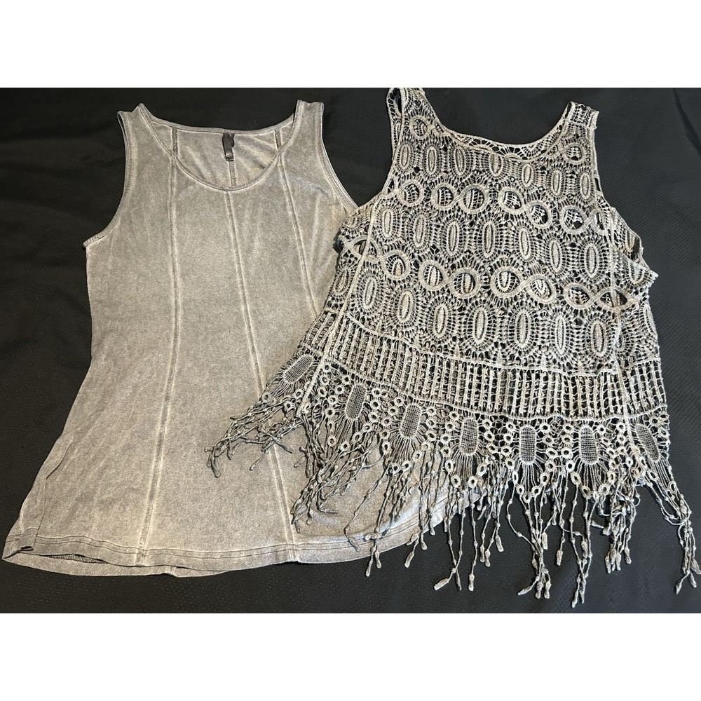 Mur Mur Stonewash Gray Crocheted Tank Set of 2 Sz M Scoop Nk Knit Tank & Crochet